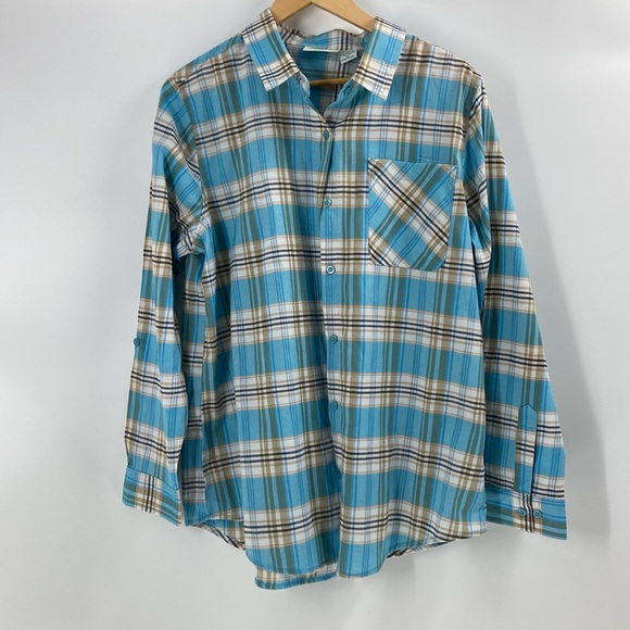 Collections etc cotton blend button down turquoise tan plaid shirt - Picture 10 of 10